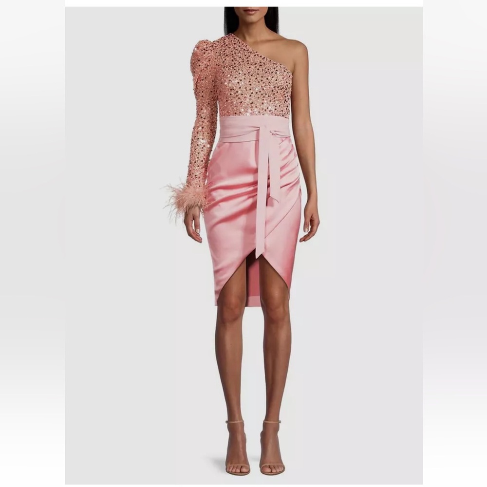 Lavish Alice One-Shoulder Sequin Feather-trim Dress Pink